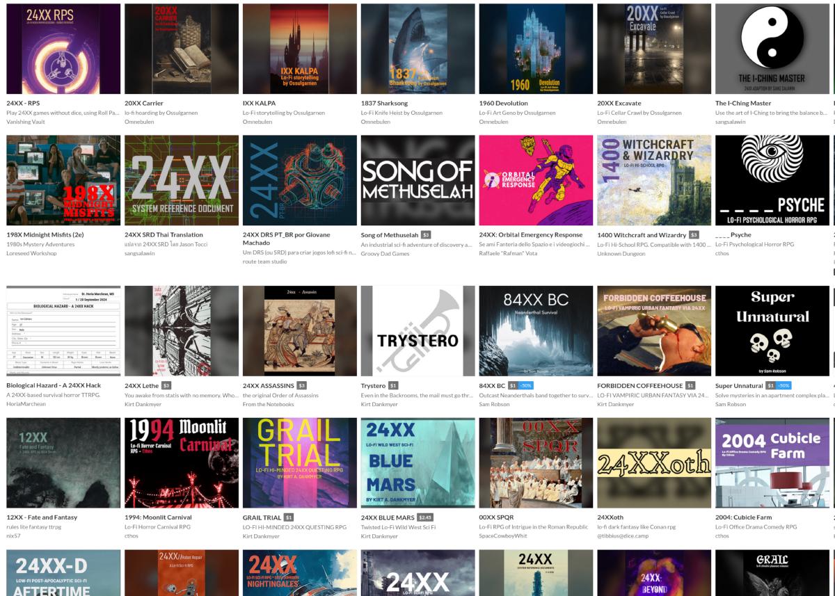 Ein Screenshot einer Itch.io Sammlung. Auf weißem Hintergrund sind verschiedene Cover von 24XX Rollenspielen angeordneten.