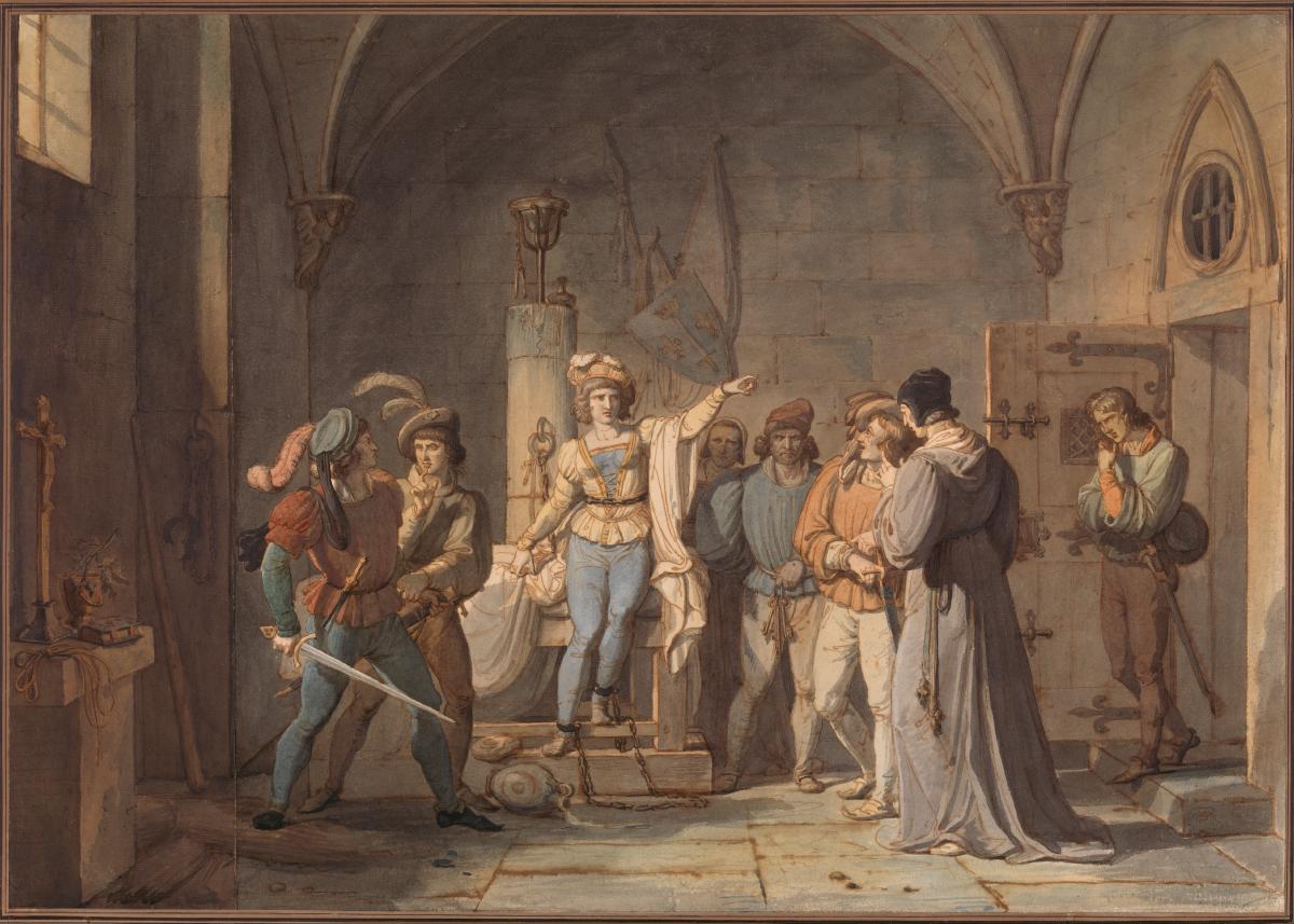 Ein Gemälde, welches die Gefangennahme von Joan of Arc darstellt. In einem Kellergewölbe sind acht Menschen versammelt, um eine Person, vermutlich Joan, die mittig im Gemälde steht. Alle sind gekleidet wie im 14. Jahrhundert. Die Person in der Mitte des Bildes ist an den Füßen in Ketten gelegt. Links sind zwei Personen, die eine hält die andere zurück, die ein Schwert gezogen hat. Auf der rechten Seite schrecken drei vor der Person in der Mitte zurück. Rechts kommt eine weitere Person in das Gewölbe hinein und schaut verärgert auf dei Szene.